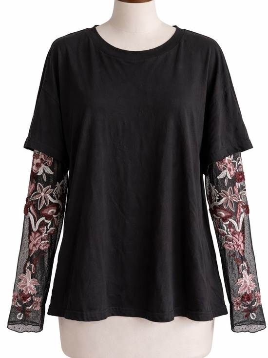 Free People Tops - Free People Black Tee with Embroidered Floral Lace Sleeves